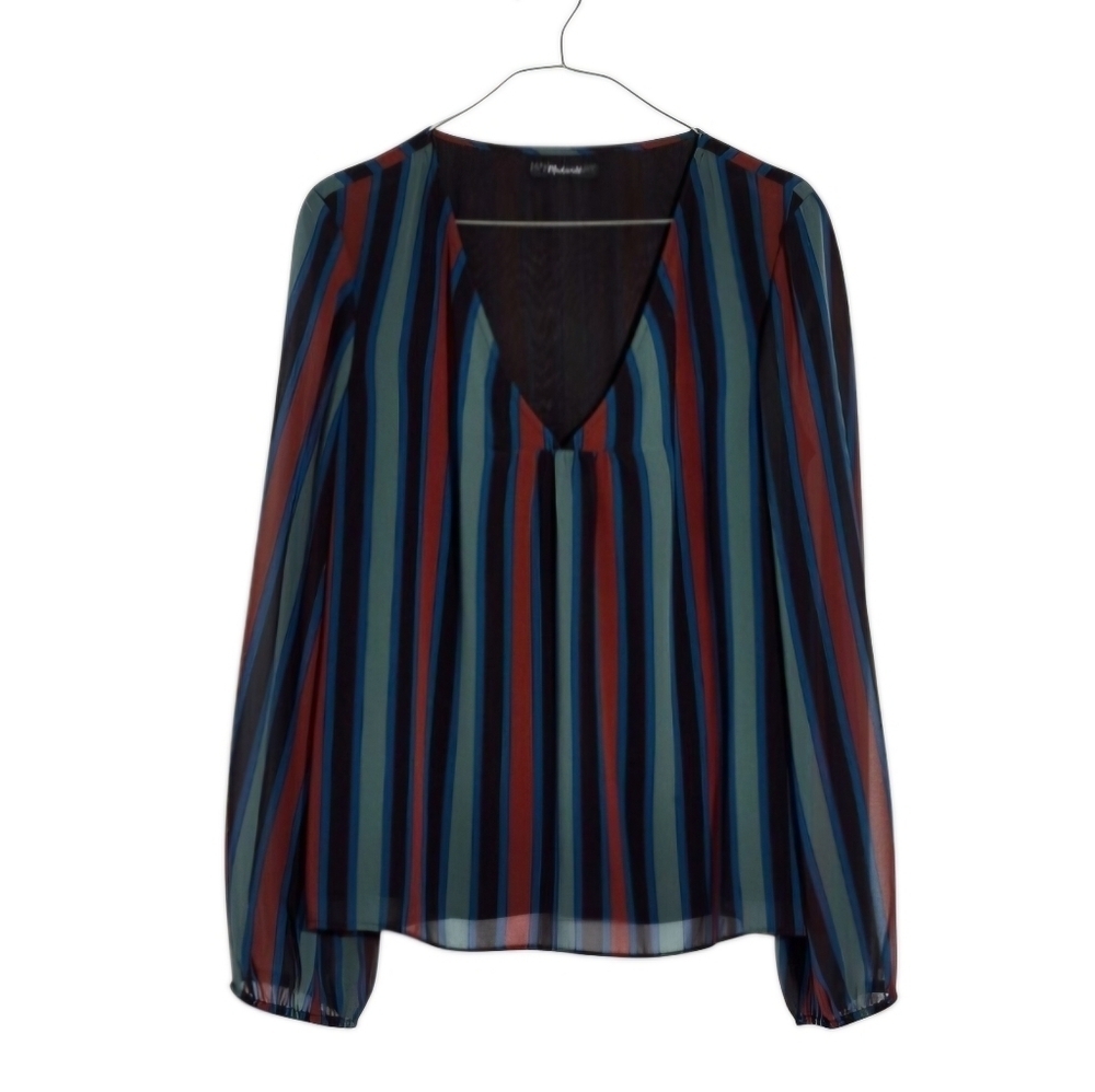🔥Madewell Sheer-Sleeve Top in Academy Stripe (Black/Burgundy/Green/Black) XL